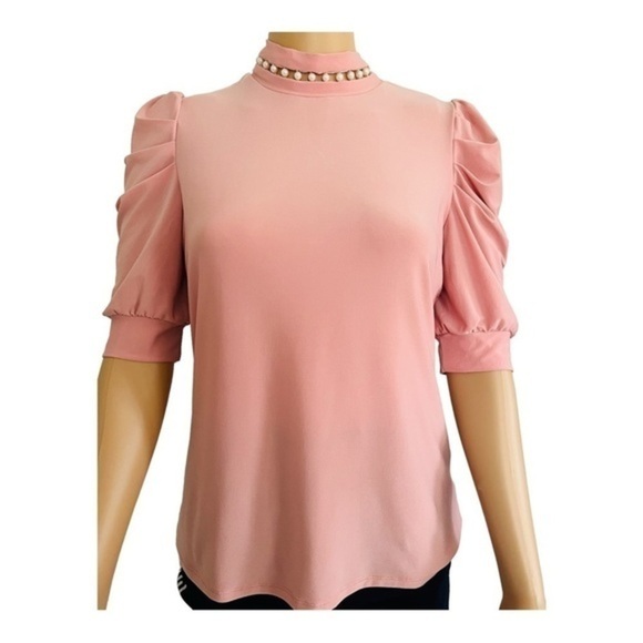 AUW pastel pink top S short ruched sleeves turtleneck faux pearl detail buttons - Picture 1 of 12